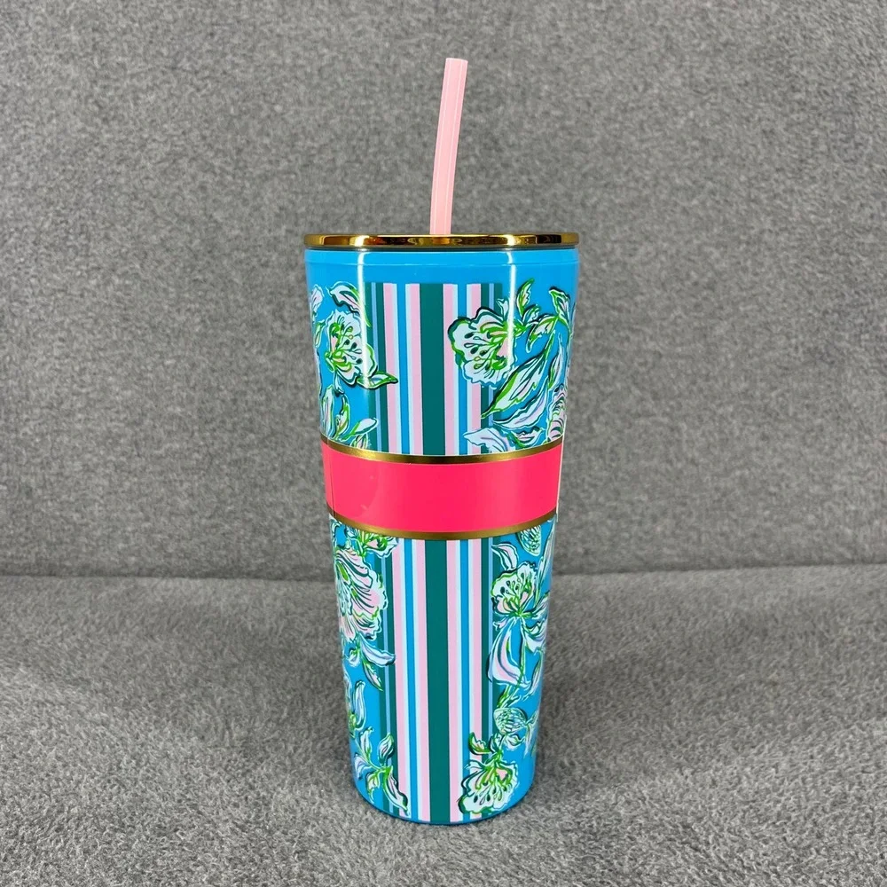 Lilly‎ Pulitzer Tumbler with Straw OS Blue Chick Magnet Floral 24 oz Travel Cup